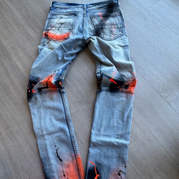 Men's Distressed Blue and Orange Skinny Jeans - Picture 2 of 8